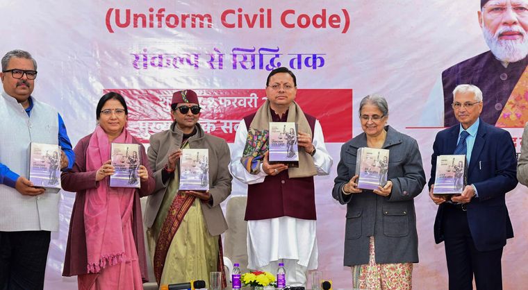 Law and order: Uttarakhand Chief Minister Pushkar Singh Dhami (third from right) with retired Supreme Court judge Ranjana Prakash Desai (second from right) and other members of the committee set up to prepare a draft of the Uniform Civil Code for the state | PTI