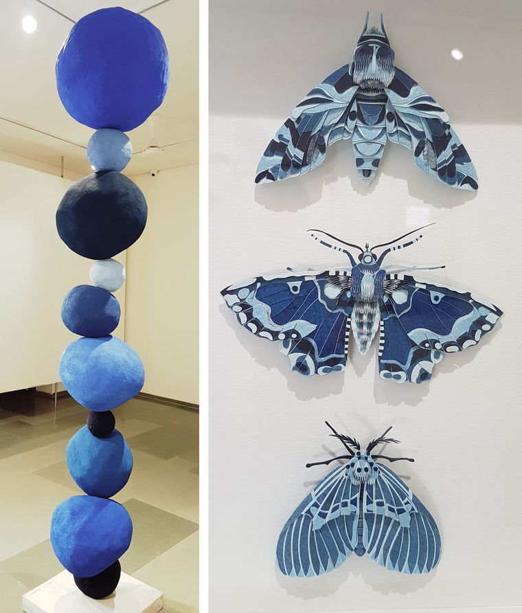 (left) Annie Morris's untitled work, using indigo concrete, plaster, sand and steel; Nibha Sikander's Nature Construct-Deconstruct.
