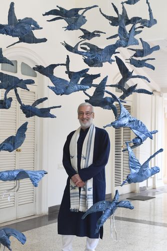 Blue print: Arvind Ltd chairman and managing director Sanjay Lalbhai with Amit Ambalal's Birds Of A Feather Flock Together.