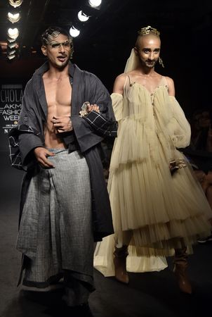 Actor Prateik Babbar and model Jason Arland walk the ramp for the label Chola at the Lakme Fashion Week Winter/Festive 2018 | AFP