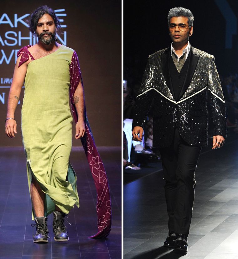 A model in a gender fluid outfit by Anaam; Karan Johar in an embellished jacket by Falguni Shane Peacock (right) | AFP