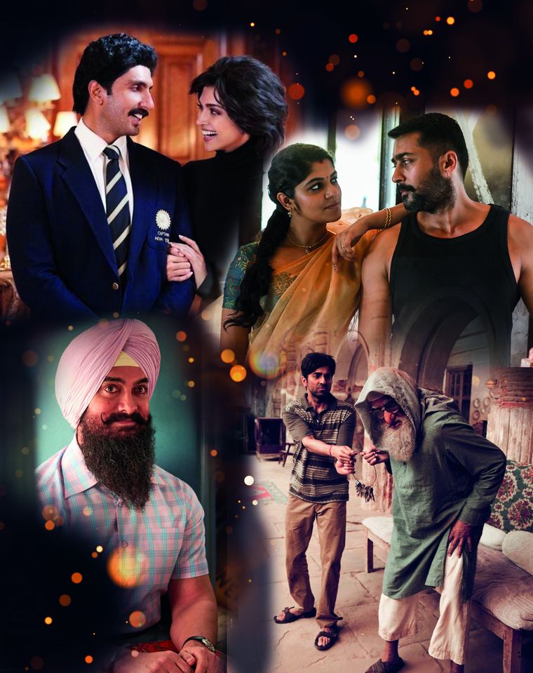 Disrupted plans: (Clockwise from top right) While Soorarai Pottru and Gulabo Sitabo released on OTT platforms, films like Laal Singh Chaddha and 83 that were due for a theatrical release in 2020 will hit the big screen in 2021