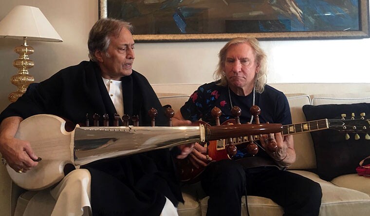 In sync: Ustad Amjad Ali Khan with Eagles’ guitarist Joe Walsh at the latter’s residence.