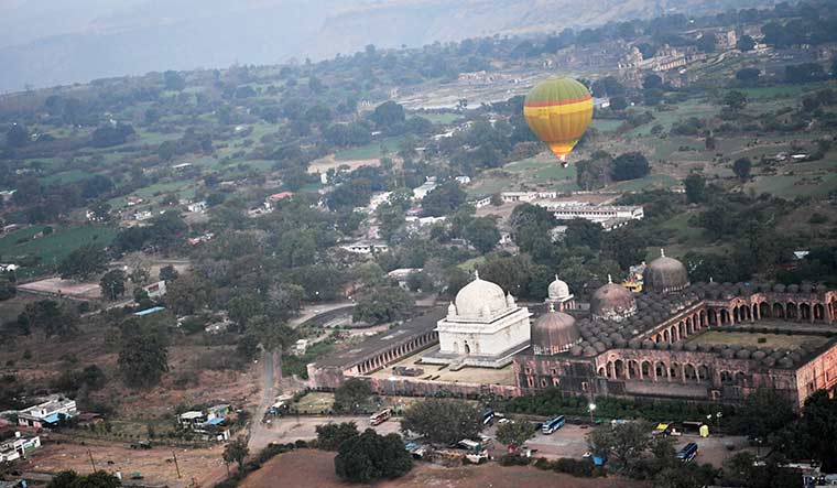 Bird’s eye view: A hot-air balloon flying over Hoshang Shah’s Tomb and Jama Masjid (right) during the Mandu Festival.