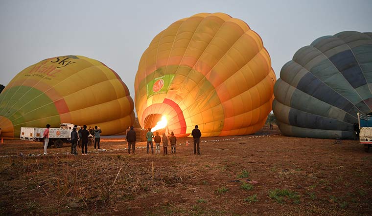 Ready to fly: Hot-air balloons at the Mandu Festival.