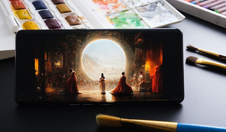 Paradigm shift: Earlier this year, Jason Allen won a ribbon at the Colorado State Fair with his work ‘Théâtre D’opéra Spatial’ (shown on the phone screen). He used the AI-art generator Midjourney to create it | Shutterstock