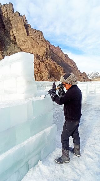 Tsering Gurmet Kungyam working on ice | Photo courtesy Pachuk Nyoma