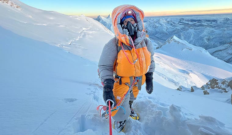 Doughty spirit: Baljeet Kaur (seen on top Mount Makalu, southeast of Mount Everest) is the first Indian mountaineer to summit five 8,000-er peaks in 30 days.