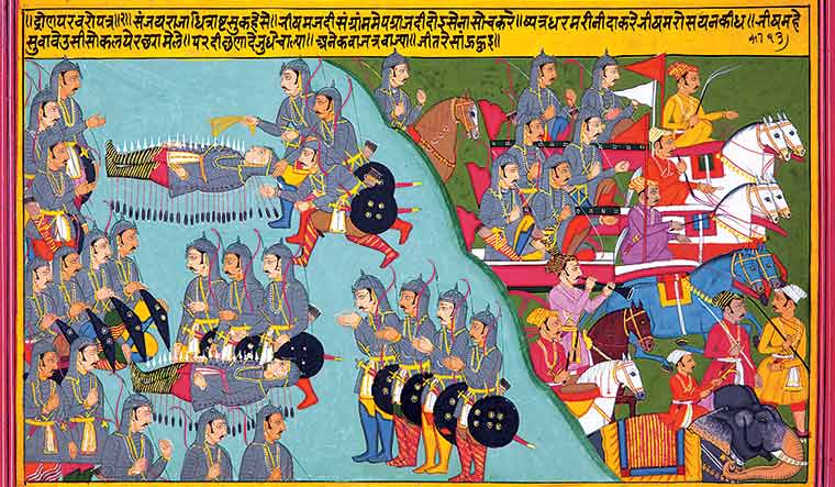 A painting from volume 3 of the set showing Bhishma falling on the battlefield at Kurukshetra | Niyogi Books