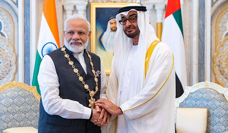 Losing grip: Maintaining cordial ties with Gulf monarchies has been a key achievement of the Narendra Modi government. In August 2019, Mohammed bin Zayed al-Nahyan, crown prince of Abu Dhabi, awarded him the Order of Zayed, the UAE’s highest civilian award | AFP