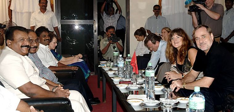 Elusive peace: Prabhakaran (left) and LTTE leaders holding talks with Norwegian ministers Jan Petersen (right) and Hilde Johnson (second from right)at Kilinochchi in January 2005 | AFP