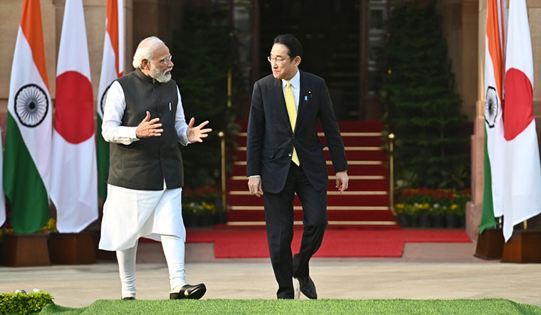 Enduring ties: Modi and Japanese Prime Minister Fumio Kishida at Hyderabad House in Delhi | PIB