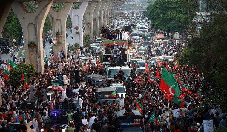 Former Pakistan prime minister Imran Khan leads a protest rally towards Rawalpindi against the Shehbaz Sharif government | Getty Images