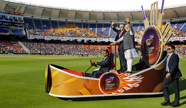 Straight drive: Prime Minister Narendra Modi and Australian Prime Minister Anthony Albanese at the Narendra Modi stadium in Ahmedabad | PTI
