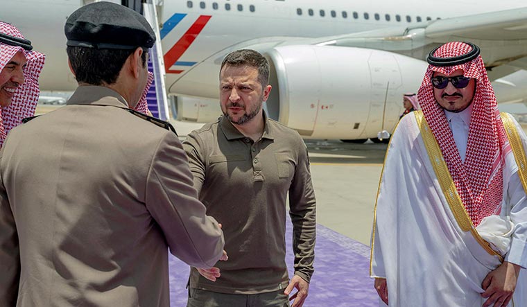 Proactive leader: Ukraine President Volodymyr Zelensky arrives in Jeddah (aboard a French government aircraft) in May. His 10-point peace plan remained the basis of discussion at Jeddah in August | AFP