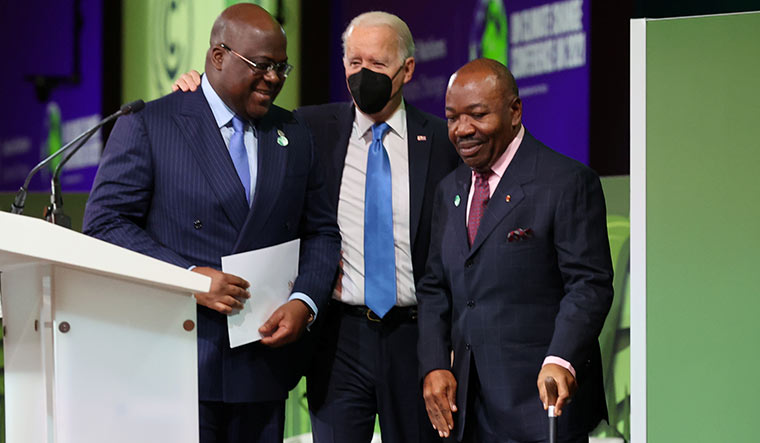 Talking heads: US President Joe Biden speaks with Democratic Republic of Congo’s President Felix Tshisekedi and Gabon’s President Ali Bongo Ondimba during the COP26 summit | Reuters