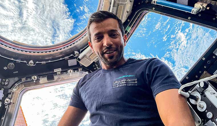 Happy place: Al Neyadi takes a selfie with the Cupola in the background | Courtesy twitter/@Astro_Alneyadi