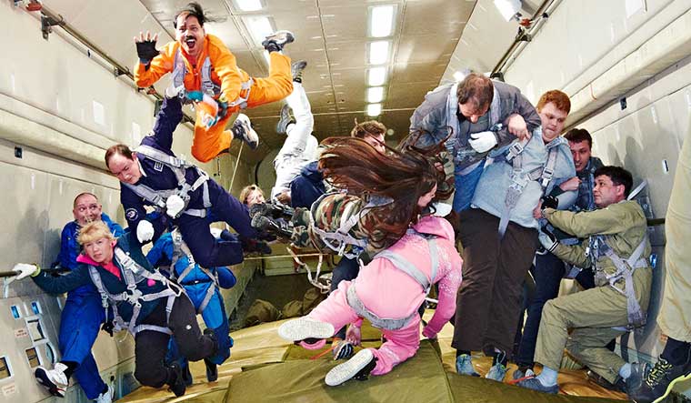High-flyer: T.N. Suresh Kumar (in orange) during a zero-gravity flight | Imaging: Sumesh C.N.