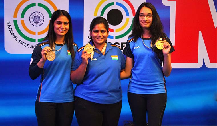 Terrific trio: Manu Bhaker, Rahi Sarnobat and Chinki Yadav completed a clean sweep of the 25m pistol event at the Delhi world cup | Courtesy Nrai