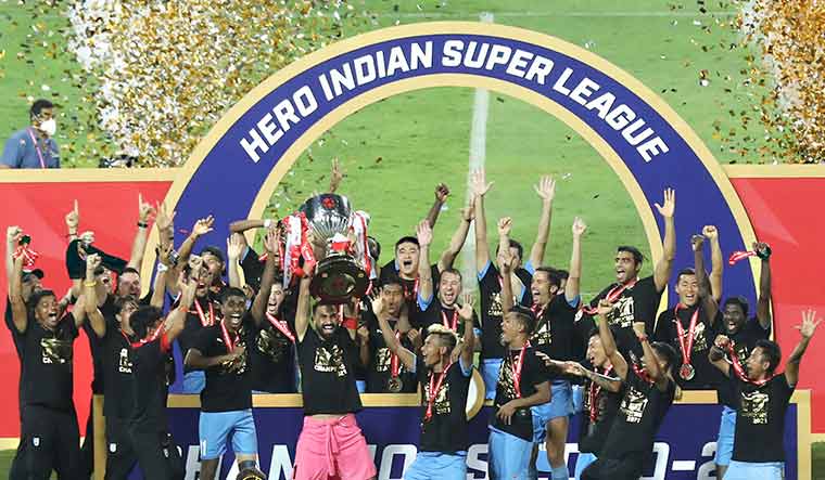 Mumbai City FC players celebrate after winning the Hero ISL final in March | PTI