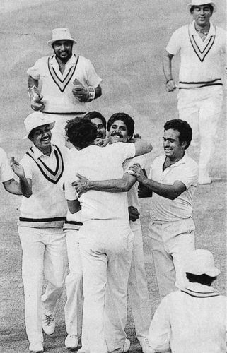 Team full of characters: Players celebrate with Kapil Dev after the wicket of Viv Richards.