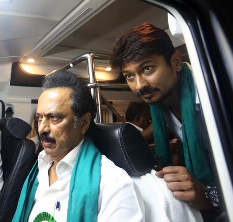 Daddy’s boy: Stalin with his son Udayanidhi at the Cauvery water protest.