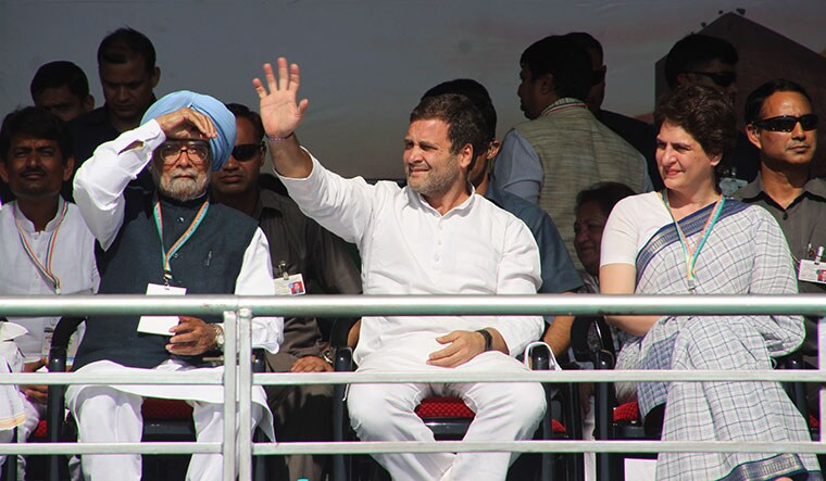 Poll call: (From right) Congress general secretary Priyanka Gandhi Vadra, party president Rahul Gandhi and former prime minister Manmohan Singh at the rally in Gandhinagar | Janak Patel