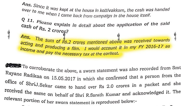 The note cites Sarathkumar’s sworn statement, in which he said he had received the money for producing and acting in a film