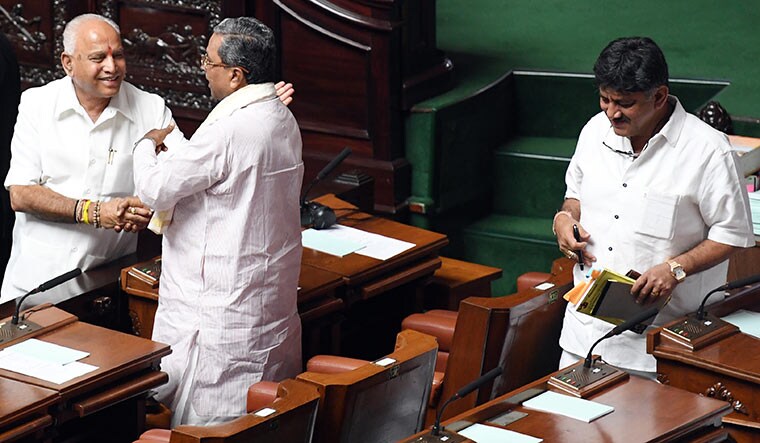 Hand, shaken: (From left) B.S. Yediyurappa, Siddaramaiah and D.K. Shivakumar | Bhanu Prakash Chandra