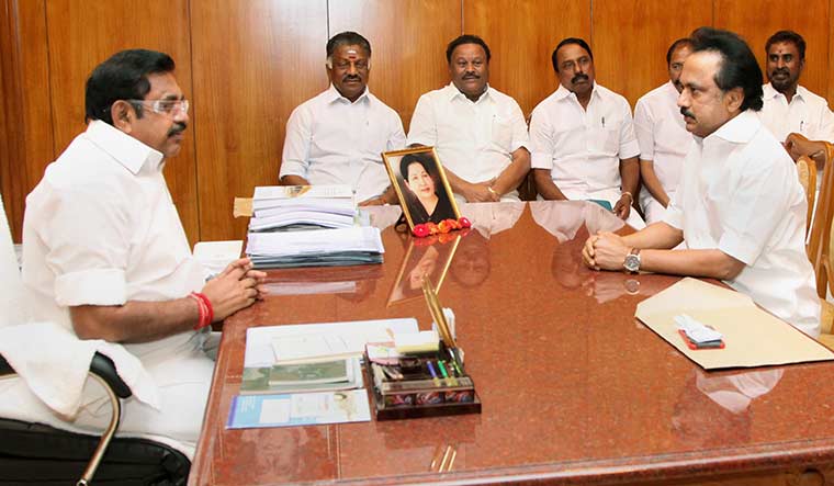 No love lost: Chief Minister Edappadi K. Palaniswami with M.K. Stalin | PTI