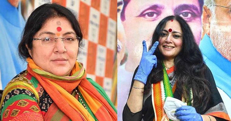 Elevated roles: Fashion designer Agnimitra Paul has replaced former star Locket Chatterjee (left) as the chief of the BJP’s women wing; Chatterjee has been made general secretary | Salil Bera