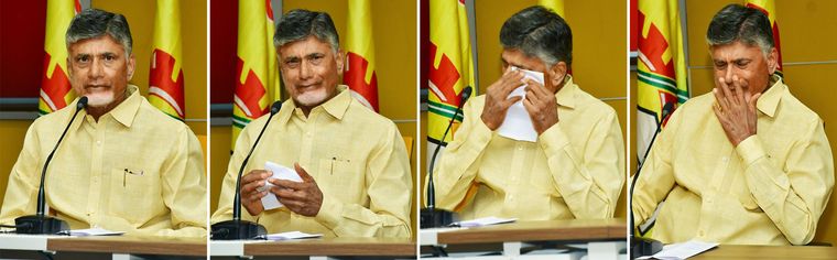 Difficult days: N. Chandrababu Naidu breaking down at a media conference.