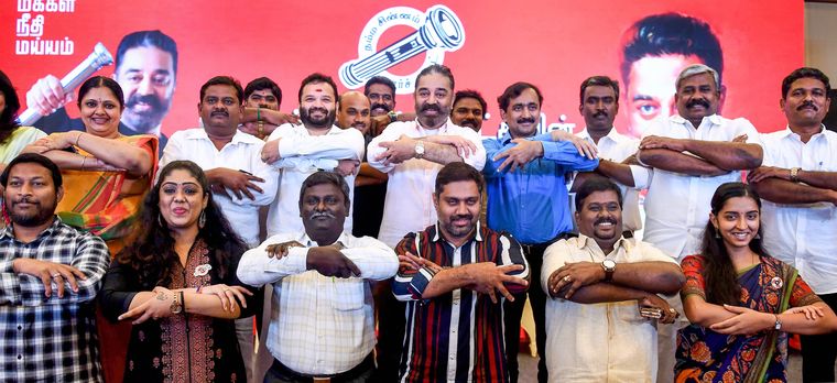 Hero and the crew: Kamal Haasan with his party candidates in Chennai | PTI