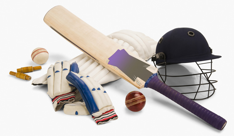 Close-up-of-cricket-ball-bat-helmet-shut