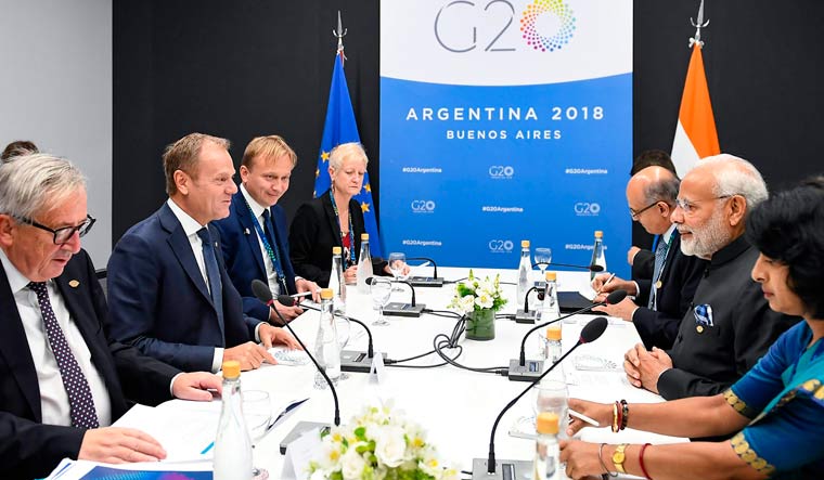 Prime Minister Narendra Modi during a meeting with President of European Commission Jean-Claude Juncker and the President of European Council Donald Tusk, at the G20 Summit, in Buenos Aires, Argentina | PTI