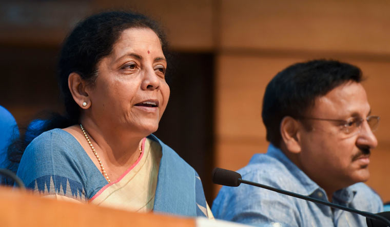 Finance Minister Nirmala Sitharaman with finance secretary Rajiv Kumar during a press conference in New Delhi | PTI