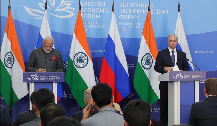 Prime Minister Narendra Modi and President Vladimir Putin at the Eastern Economic Forum in Vladivostok, Russia September 4, 2019 | Reuters via Sputnik