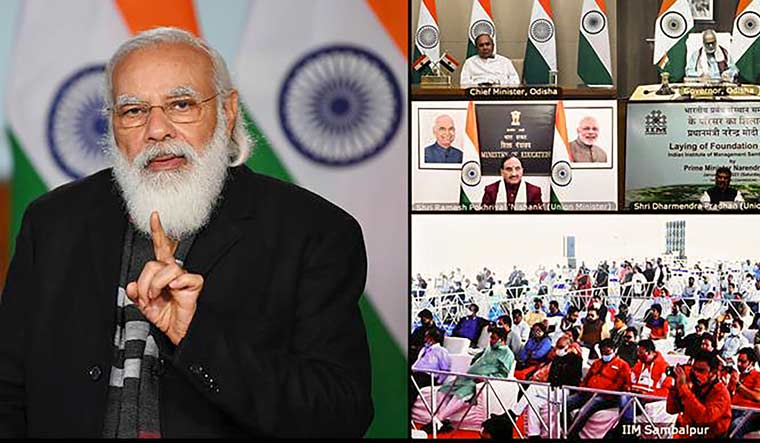 Prime Minister Narendra Modi addresses at the foundation stone laying ceremony of the permanent campus of IIM Sambalpur, via video conferencing, in New Delhi | PTI