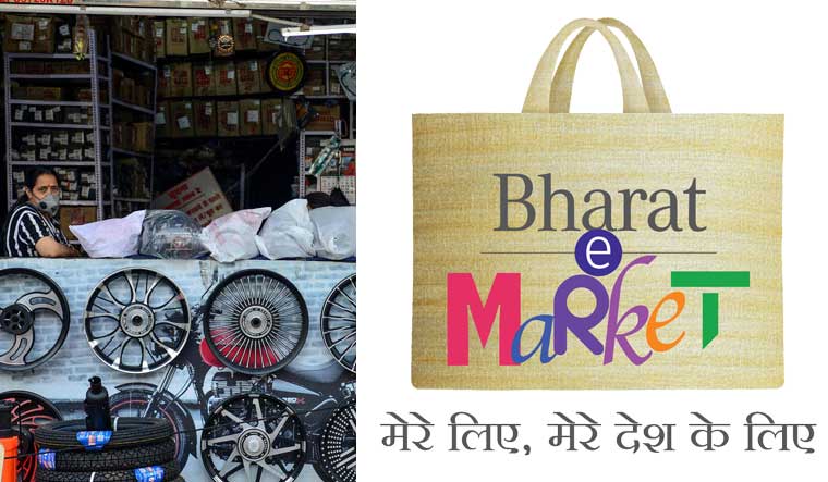 Collage: A retail shop, logo of the Bharat eMarket 