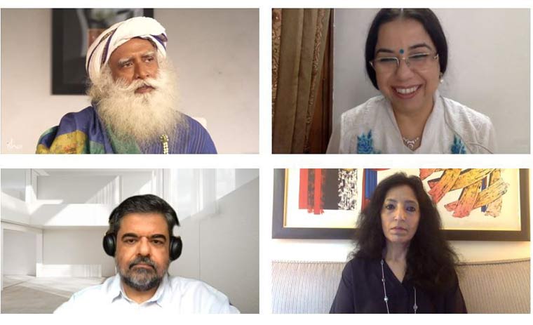Sadhguru, (to his right) Anisha Motwani; (bottom left) Saurabh Mishra; (bottom right) Atika Malik, strategic advisory partner, CSO, Cheil India
