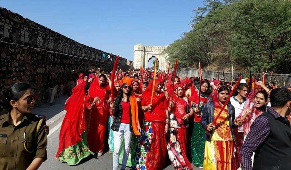 Women take out 'chetavani' march in Rajasthan's Chittorgarh.