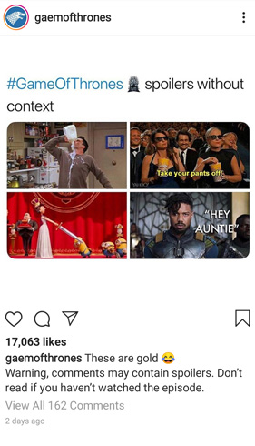 A Instagram page that shares GoT spoilers without context