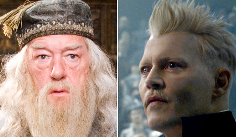 Michael Gambon as Albus Dumbledore (left) and Johnny Depp as Grindelwald