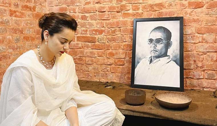 Kangana Ranaut sits in a cell with a picture of V.D. Sarvarkar at Kala Pani jail in the Andaman and Nicobar Islands | Instagram