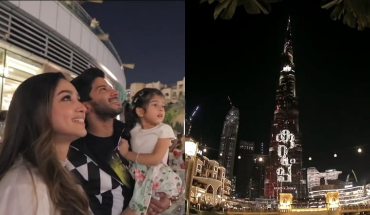 Dulquer Salman, his wife and child watch the trailer of 'Kurup' play on Burj Khalifa | Instagram video grab