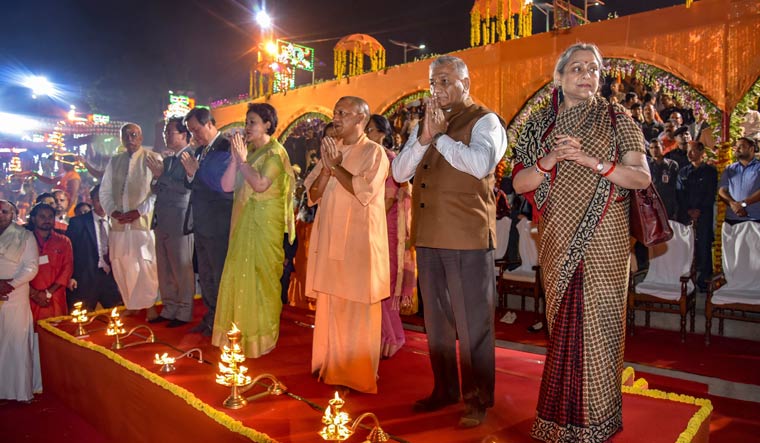 Uttar Pradesh Chief Minister Yogi Adityanath, chief guest South Korean First Lady Kim Jung-sook, MoS for External Affairs V K Singh and others offer prayers during grand Diwali celebrations 'Deepotsav', in Ayodhya