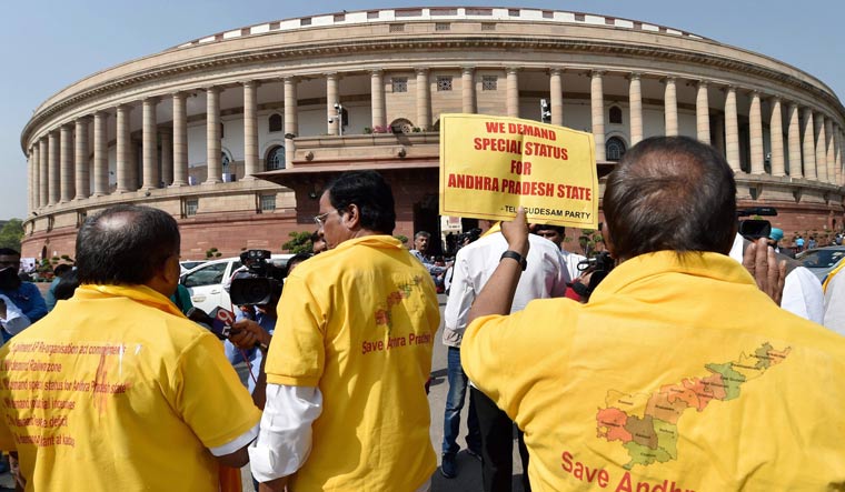 TDP MP's protest in front of Mahatma Gandhi's statue at Parliament House 
