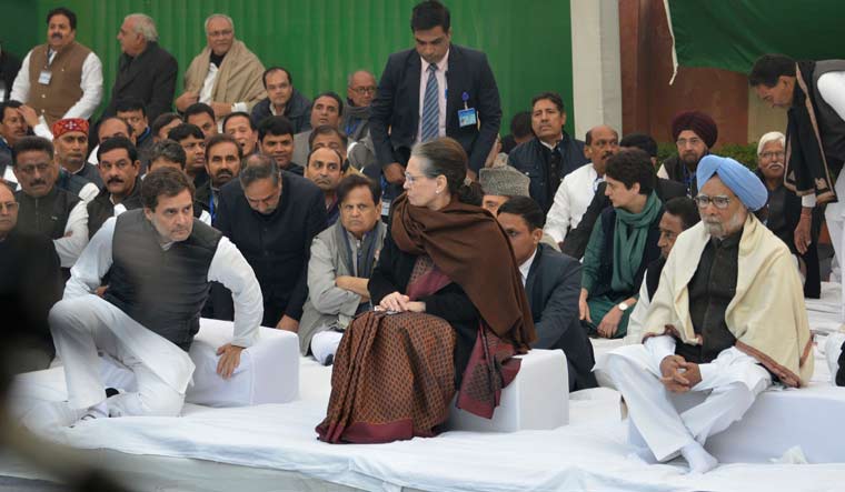 Congress president Sonia Gandhi, along with Rahul Gandhi, Manmohan Singh and other leaders, during an anti-CAA protest at Rajghat  | Arvind Jain