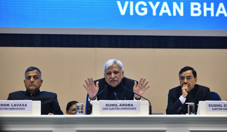 Chief Election Commissioner Sunil Arora with election commissioners Ashoka Lava (left) and Sushil Chandra during a press conference at Vigyan Bhawan in New Delhi | Arvind Jain