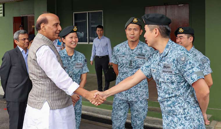 Defence Minister Rajnath Singh at Sembawang Air Base, in Singapore | PTI